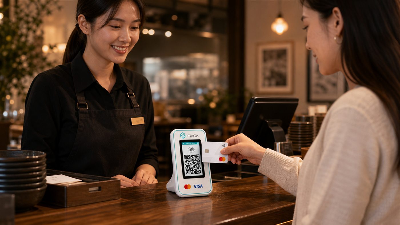 飲食店のレジでFinGo端末にカードをかざして支払う様子
