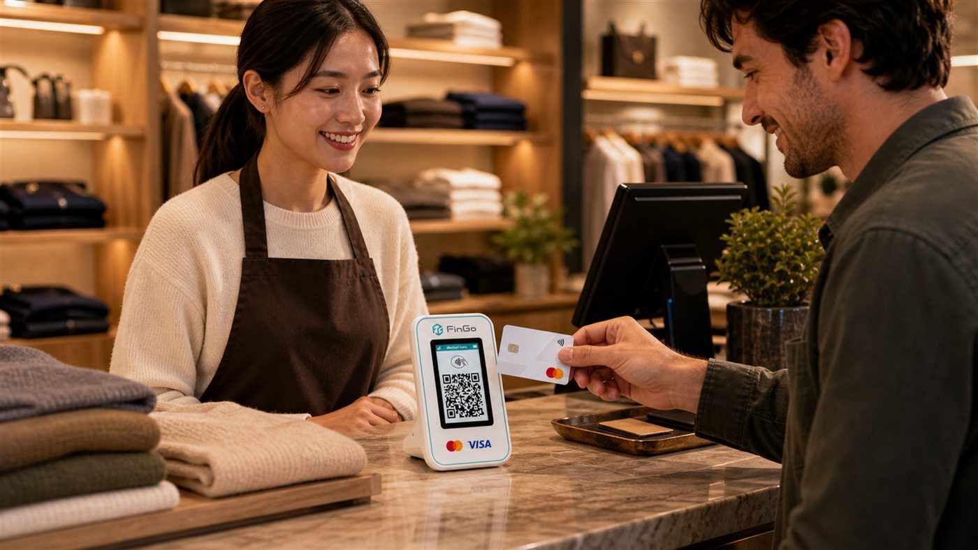 小売店のカウンターでFinGo端末にカードをかざす様子